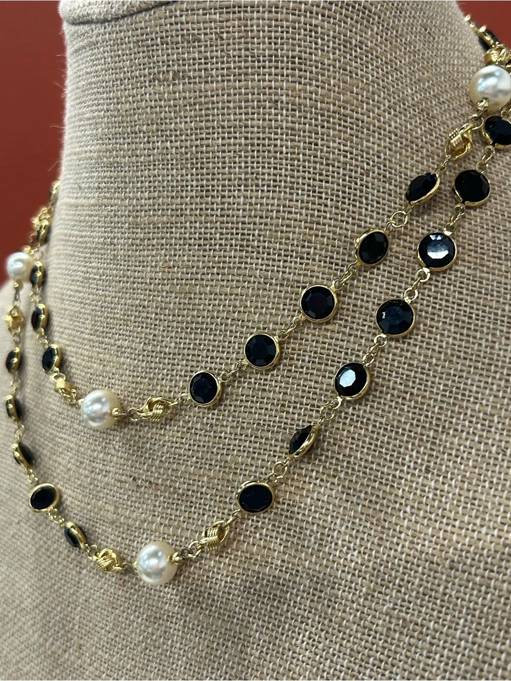 Gorgeous vintage Swarovski long layering necklace black crystal and faux pearls.